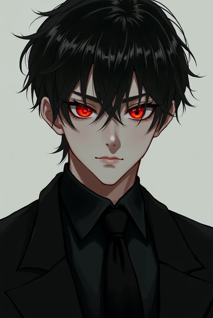 Make a male character with a red left eye and a black pupil, dressed in a black suit 