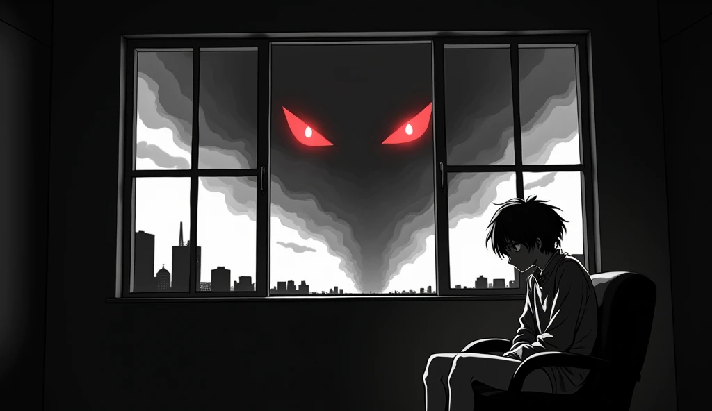 horizontal dark anime-style black and white image of a character sitting on a chair in his own room watching a heavy anxiety storm that have two scary red eyes from the window
