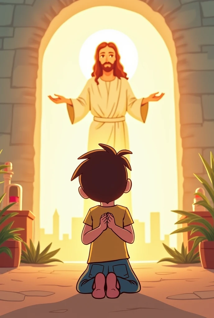 Give me the link of kneeling to Jesus Christ in cartoon style