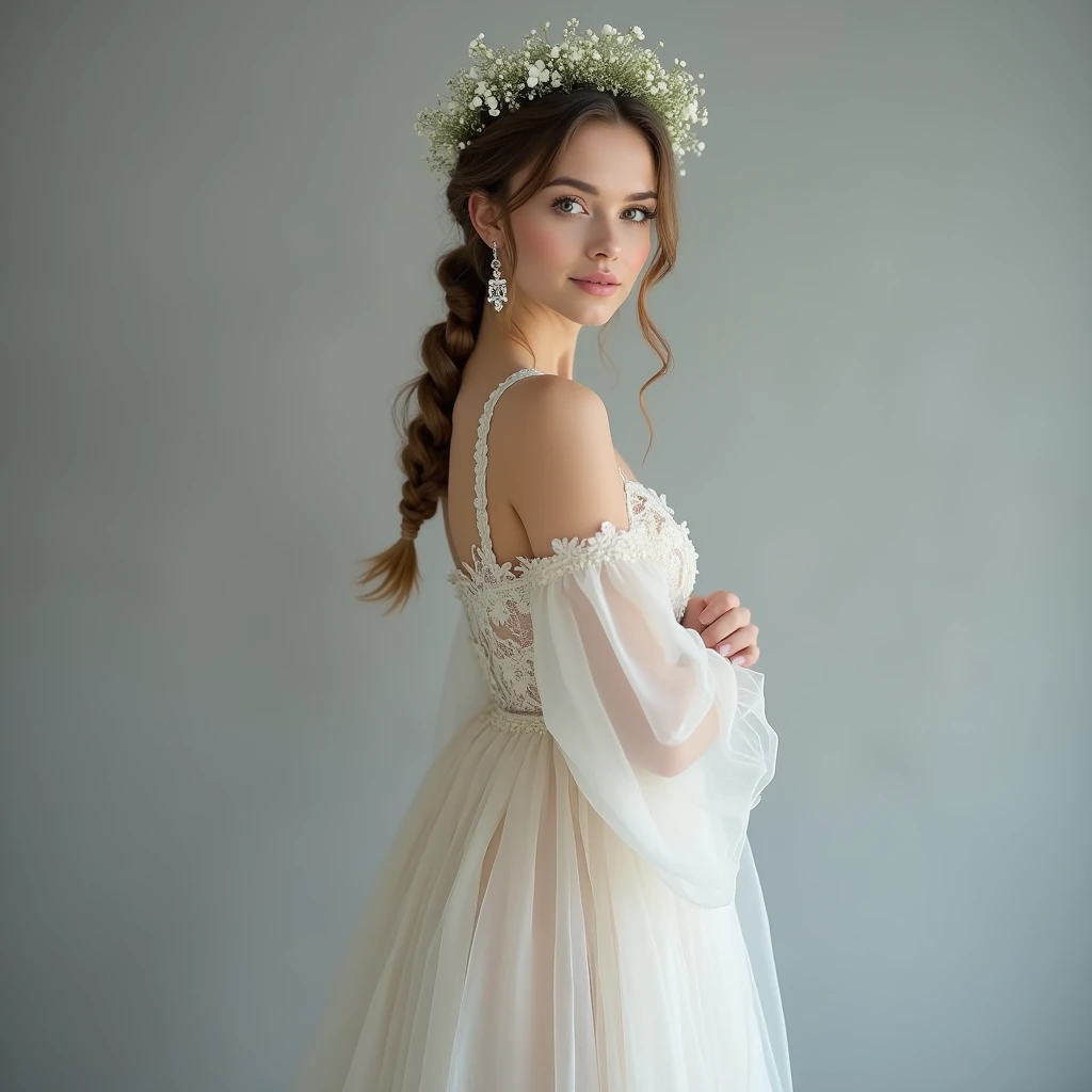 A full-body image of a European woman with an angelic essence face, standing poised looking at the camera against a gray background. She wears an ivory organza gown with a soft, flowing skirt and delicate lace detailing on the bodice. The gown’s translucent fabric creates a sense of airiness and sophistication. Her hair is styled in a halo braid adorned with small white flowers, forming a crown-like effect that radiates divine majesty. She wears gossamer slippers with lace embellishments. Her jewelry includes ethereal symbol earrings and a gemstone necklace, adding a mystical and otherworldly allure to her angelic attire.