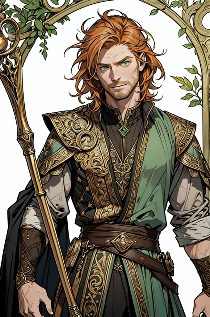 (masterpiece)，(Very detailed)，(Very detailed)，(best quality), perfect lighting, fantasy man, 40 years old, solo, staff ((short messy ginger hair)), muscle, correct proportions, facial details, tall, stunning, beautifull face, green eyes, fantasy clothing, animated style, perfect face, highest detail, stubble, detailed face, intricate details, concept caracter