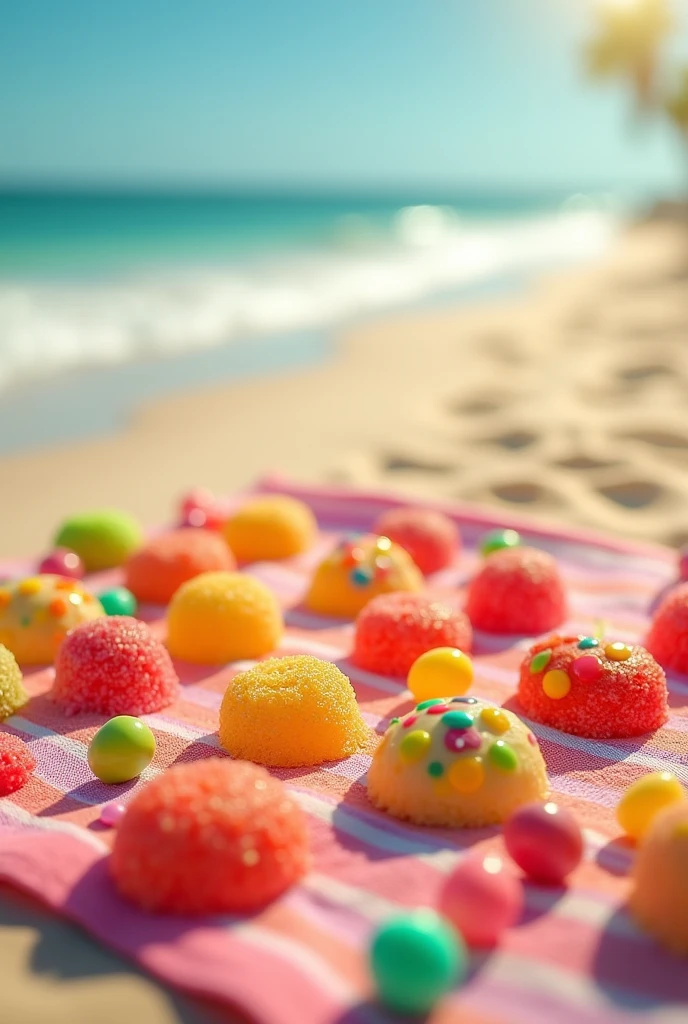 (photorealism:1.2), candy on the beach towel