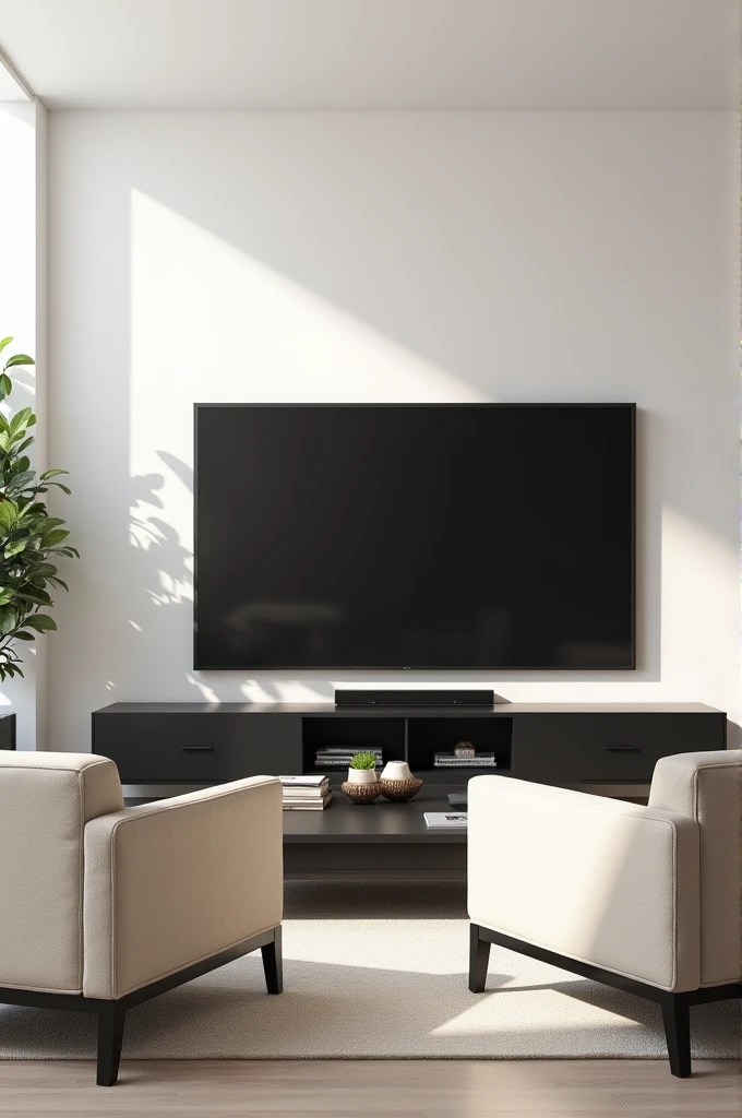 A white painted living room,modern light beige armchairs,85 inch tv,with black furniture and a coffee table
