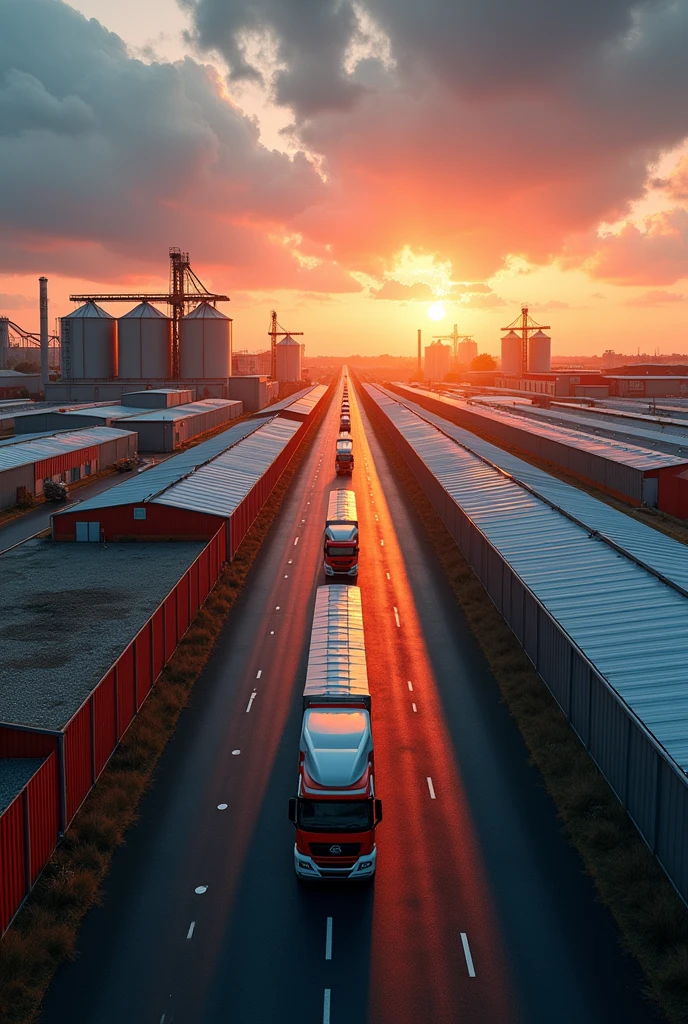 Create a drone image of a factory farm, showing several buildings with warehouses and silos. Include trucks carrying poultry feed passing by on a black and red path, with an orange and blue sky in the background. The scene should clearly convey the scale and efficiency of a modern farming operation.