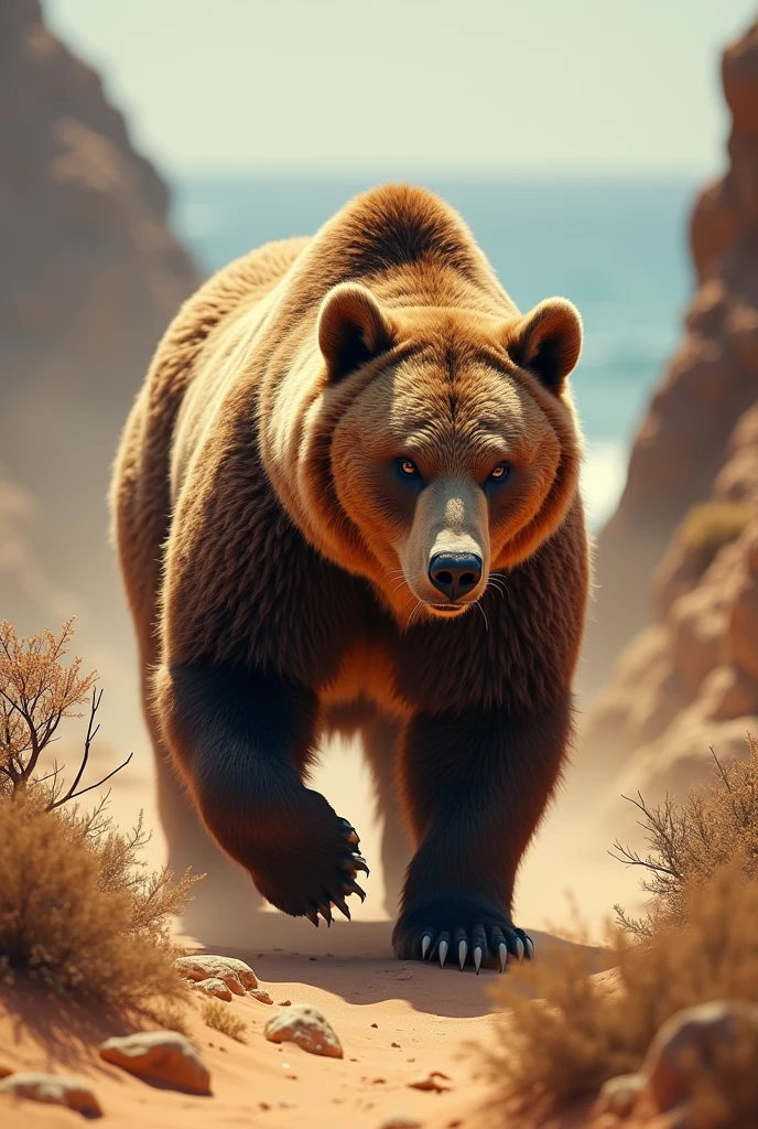brown bear, very scary, wild, realistic rendering, desert island, wilderness,extreme detailed, incredibly detailed, highly detailed animal fur, extremely detailed face, intricate details, photorealistic, 8k, high resolution, masterpiece, professional, cinematic lighting, dramatic lighting, vibrant colors, natural colors, warm tones