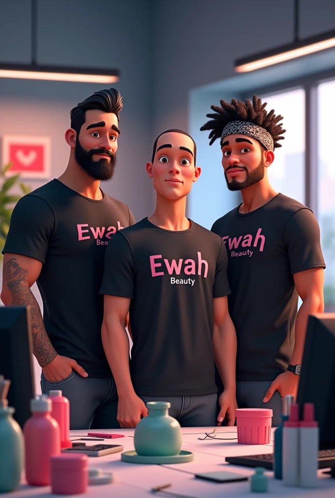Create a group of male friends. A strong bearded man, dark-haired with slanted eyes; a bass, thin and half bald, and a tall dark-haired man with a bandana on his head and afro hair. All of them standing in a cosmetics warehouse, on a conference table with some products on top and some computers nearby. All of them with a black t-shirt and the name "Ewah Beauty". Do this in animation, drawning