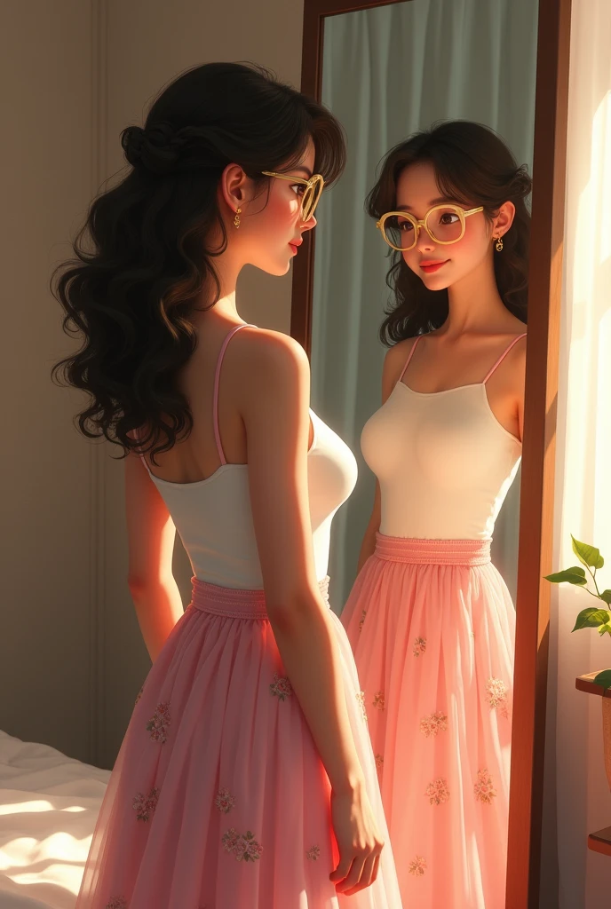 A brown-eyed girl, with dark brown hair, very long and curly, con cat eye glasses color dorado, wearing a long white top with thick straps along with a very long pink skirt with a print of small, lighter pink flowers and looking at herself in a long mirror in her room (Let it be with realism)