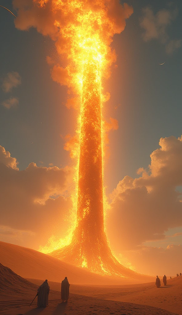 An image of a robust pillar of fire in the desert protecting the people