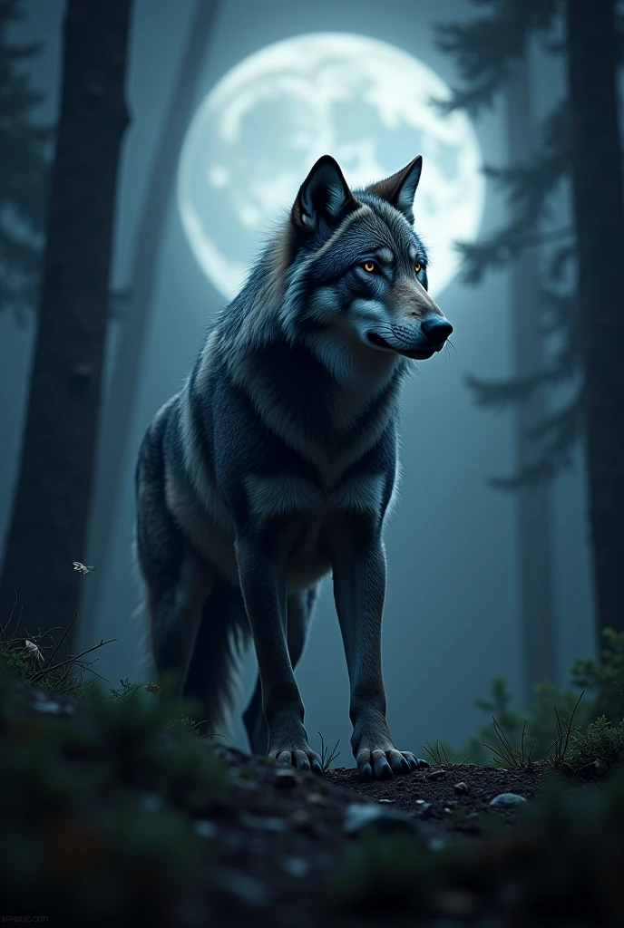 Image of a beautiful wild wolf with lots of shiny black fur , mighty, dominant, gazing eyes, under the silver light of the moon looking forward, in a forest high quality image 