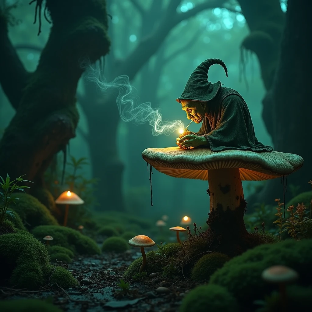 Nightvision footage of a goblin thats dressed like a wizard sitting on a shroom in a shroomforest while smoking out of his herb vaporizer