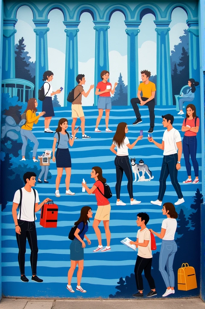 University mural with the following characteristics, university students, Dynamic, blue, white, funny