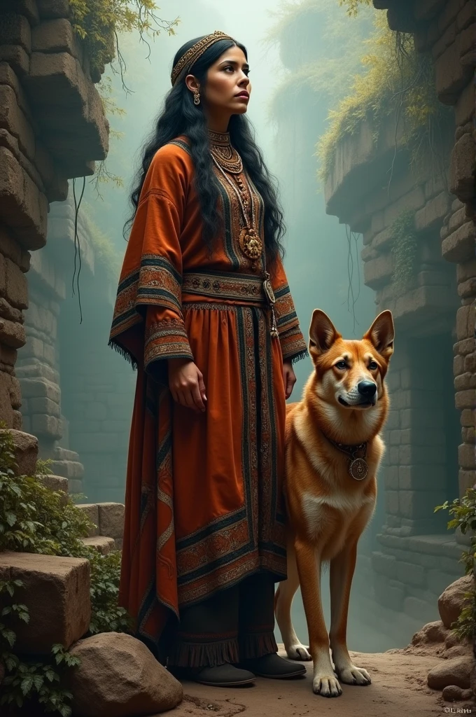 Inca woman and in front a Peruvian dog with a mysterious background