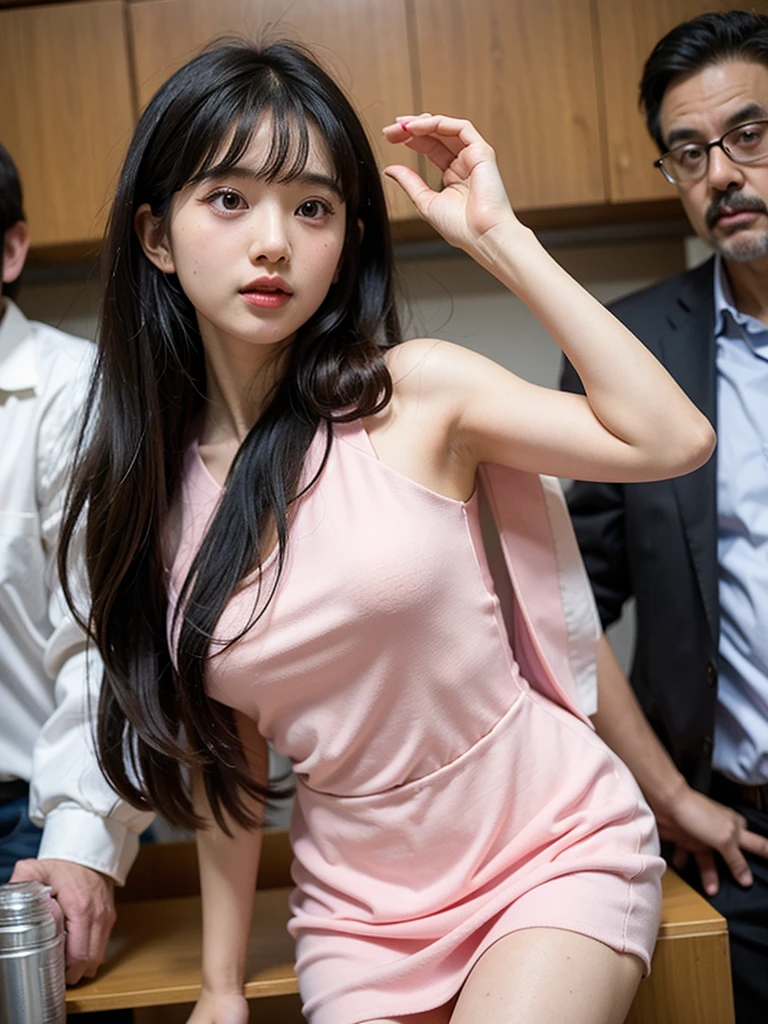 girl((cute)), black hair long hair with bangs, have messy hair, wearing mini pink dress, with black man professor at laboratory with boys old