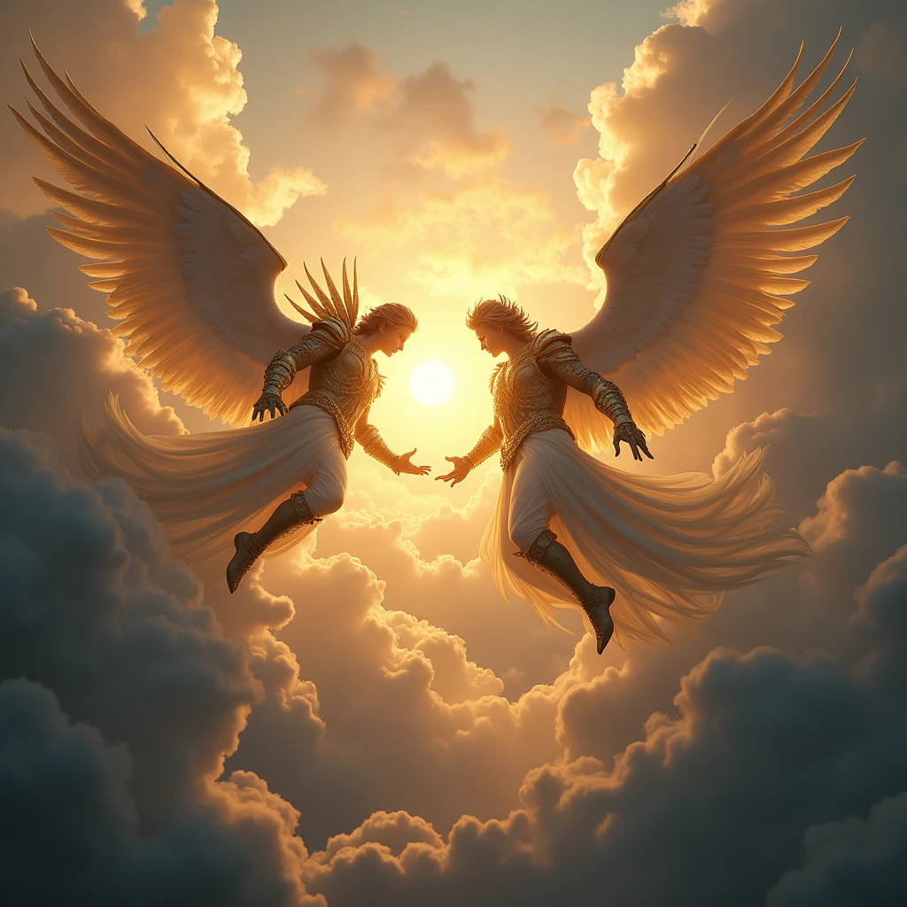 masterpiece, best quality, ultra highres, photorealistic, 8k resolution, Canon EOS R5, 50mm, ethereal, angels, battle againts dragons, in heaven, armored angels, dramatic lighting, epic scale, divine radiance, celestial atmosphere, heavenly scenery, divine power, angelic warriors, epic clash, feathers, golden ornaments, intricate details