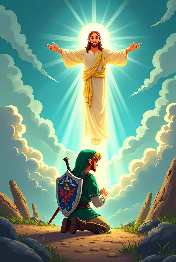 Give me the link of The Legend of Zelda kneeling to Jesus Christ in cartoon style