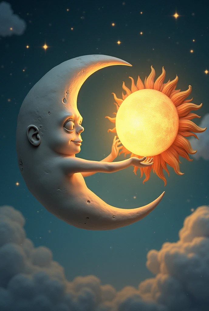 The moon with arms and hands and the sun with arms and hands held.