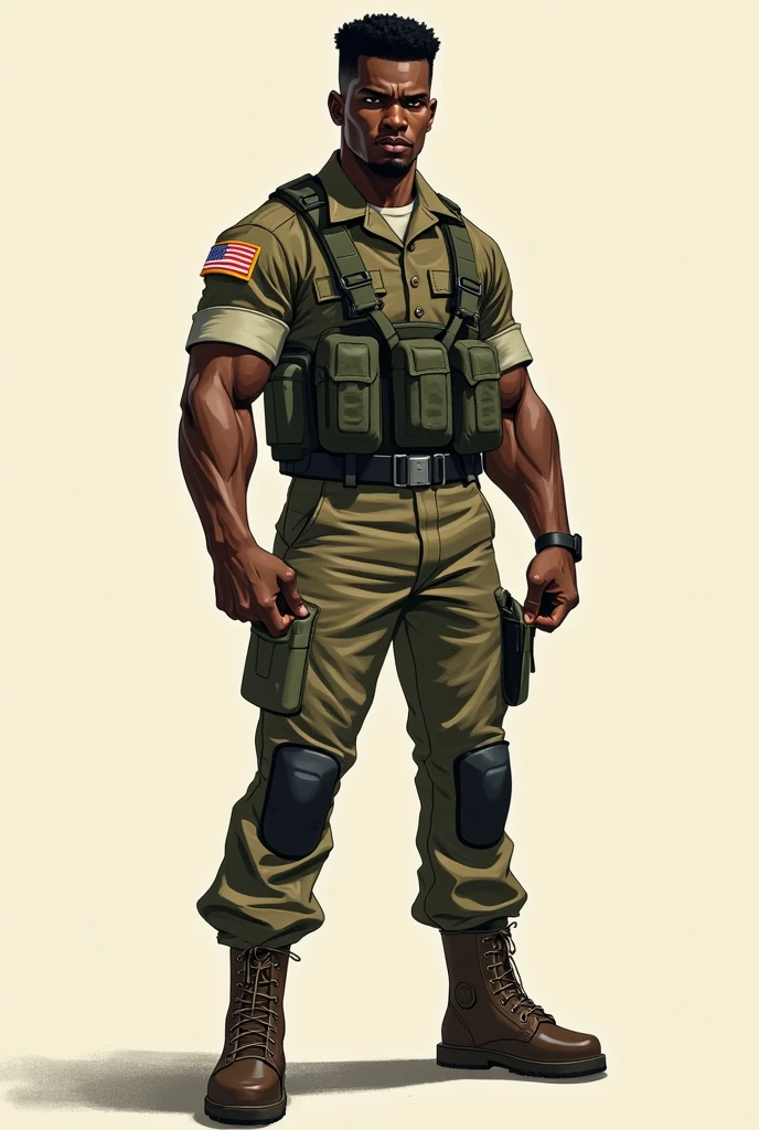 A soldier man, black skin, Bblack hair, eyes browns, soldier clothing, facing. 2d