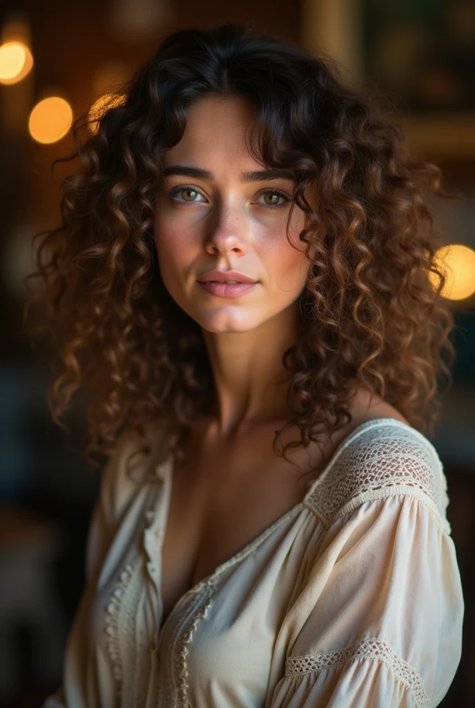 Create a real photo of a brown curly woman , tarot reader with wide nose without cleavage ( It doesn&#39;t look like it was made by Ai in a country house 