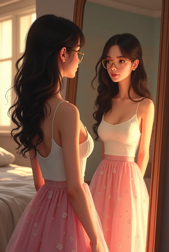  A brown-eyed girl, with dark brown hair, very long and curly, con cat eye glasses color dorado, wearing a long white top with thick straps along with a very long pink skirt with a print of small, lighter pink flowers and looking at herself in a long mirror in her room (Let it be with realism)
