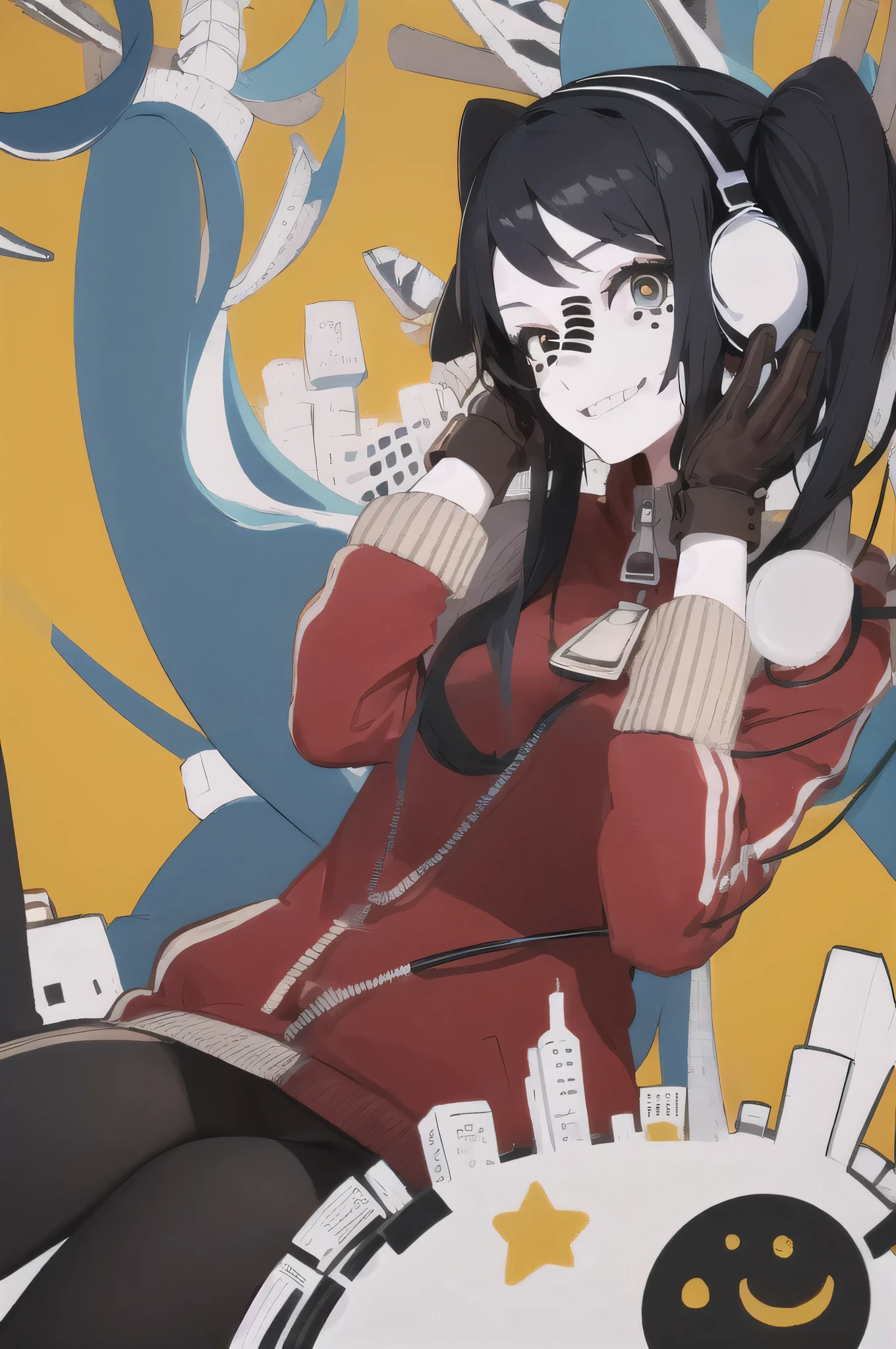 (masterpiece, Highest quality:1.2), alone, One person, Wait, Crazy Smile, View your viewers, put your hand on your face, Twin tails, Headphones, black track jacket, gloves,Black Hair,Pattern on face