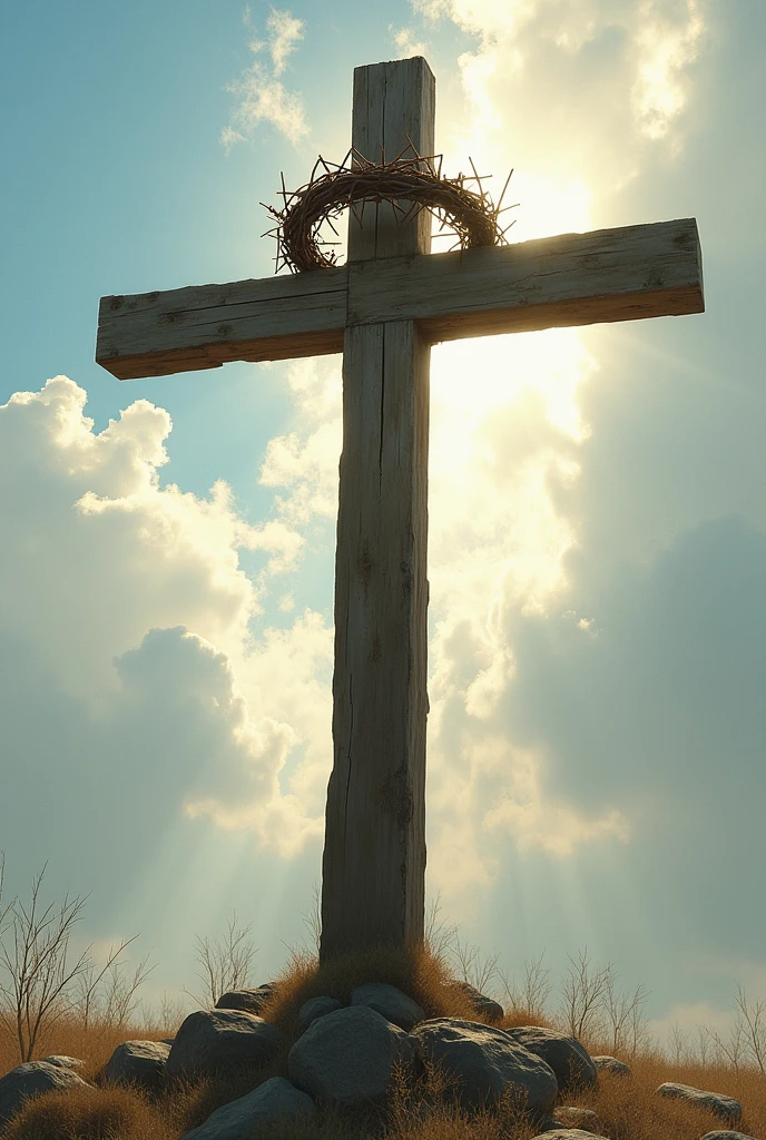 A cross with a crown of thorns by day