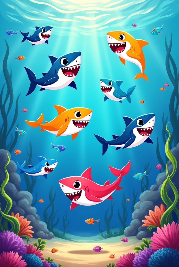 Sure! Here’s the classic:

```
Baby shark, doo doo doo doo doo doo
Baby shark, doo doo doo doo doo doo
Baby shark, doo doo doo doo doo doo
Baby shark!

Mommy shark, doo doo doo doo doo doo
Mommy shark, doo doo doo doo doo doo
Mommy shark, doo doo doo doo doo doo
Mommy shark!

Daddy shark, doo doo doo doo doo doo
Daddy shark, doo doo doo doo doo doo
Daddy shark, doo doo doo doo doo doo
Daddy shark!

Grandma shark, doo doo doo doo doo doo
Grandma shark, doo doo doo doo doo doo
Grandma shark, doo doo doo doo doo doo
Grandma shark!

Grandpa shark, doo doo doo doo doo doo
Grandpa shark, doo doo doo doo doo doo
Grandpa shark, doo doo doo doo doo doo
Grandpa shark!

Let's go hunt, doo doo doo doo doo doo
Let's go hunt, doo doo doo doo doo doo
Let's go hunt, doo doo doo doo doo doo
Let's go hunt!

Run away, doo doo doo doo doo doo
Run away, doo doo doo doo doo doo
Run away, doo doo doo doo doo doo
Run away!

Safe at last, doo doo doo doo doo doo
Safe at last, doo doo doo doo doo doo
Safe at last, doo doo doo doo doo doo
Safe at last!

It's the end, doo doo doo doo doo doo
It's the end, doo doo doo doo doo doo
It's the end, doo doo doo doo doo doo
It's the end!
```