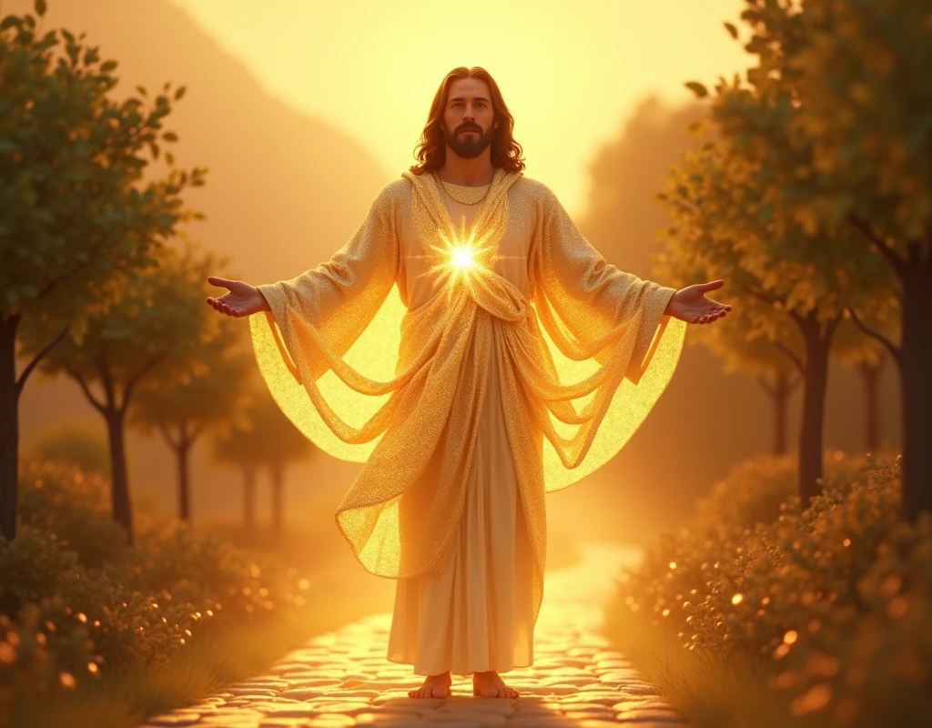 Jesus, looking to the camera, with GOLDEN clothes, cloth of gold, shiny, radiates light, Jesus orientado del lado izquierdo del camino, camino spiritual, made of light, On a winding road, small trees, around, spiritual. Remote camera. look of Love, Compassion, forgiveness, the sun in the background.