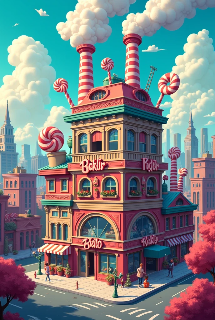 a large candy factory on an urban lot from the outside cartoon style