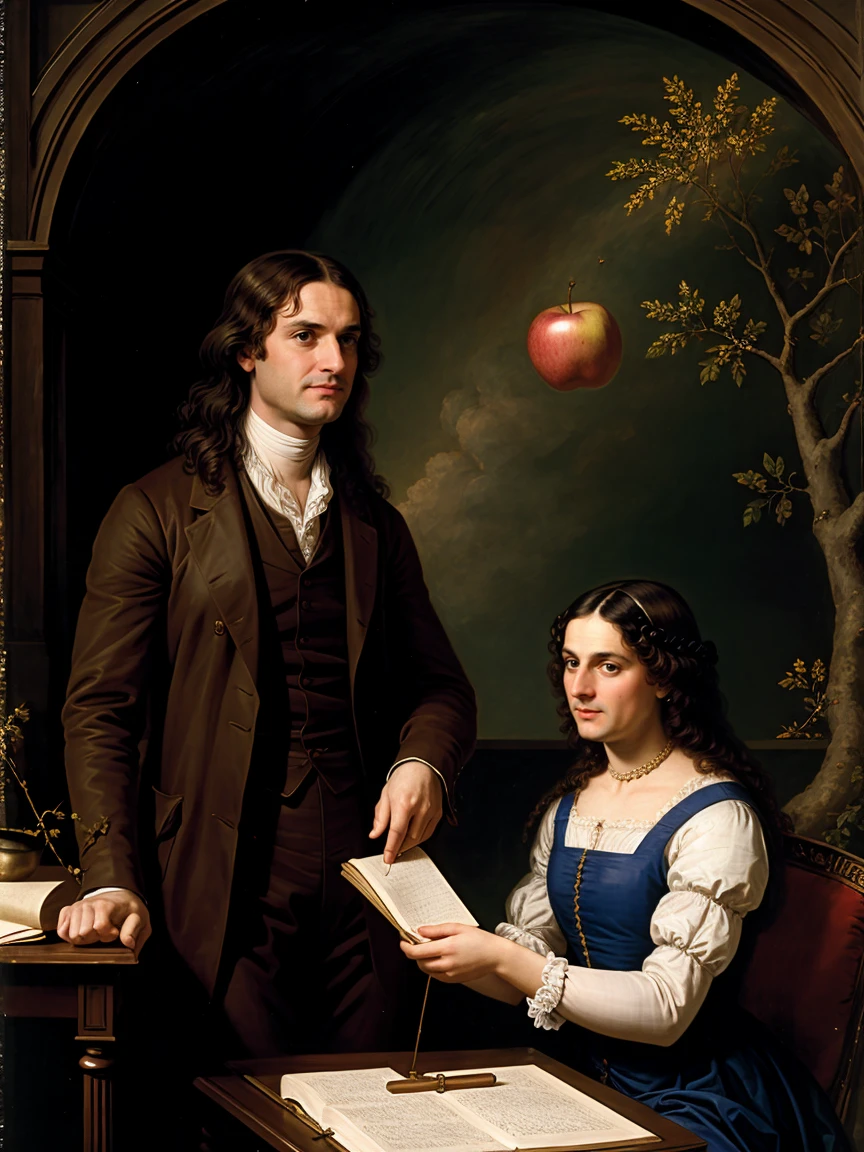 three scientific: Isaac Newton with a scientific woman a scientific man both from same height with latin american brown skin standing watching an apple fall from a tree, the woman and the man are facing to the camera, both are physics professors, taking notes, science experiment, taking notes, the picture is taken from the front, latin america brown skin, like the iconic image of newton discovering the gravity