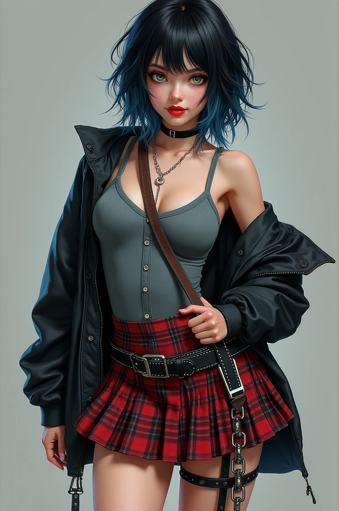 A teenager with a woman&#39;s body, straight wavy hair without bangs but with a haircut called: corte butterfly; with black color and different shades of blue, guitar-shaped body and very sexy with hazel green eyes and red lompinte lips and a gray blouse, Black jacke, plaid skirt with black and red and chains around the skirt, men&#39;s black boots, fair skin and attractive rest and peach skin. And very desirable to other men.