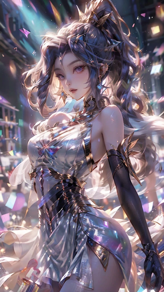 shining star,A beautiful oriental girl,Single ponytail,Dragon Horn,Big breasts,thin waist,white skin,Perfect proportion,Wearing a dance dress,8k,The focus of the audience,Lighting effects,Super details,