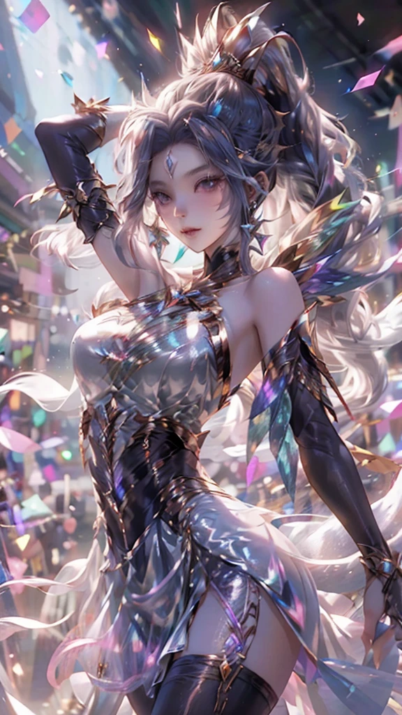 shining star,A beautiful oriental girl,Single ponytail,Dragon Horn,Big breasts,thin waist,white skin,Perfect proportion,Wearing a dance dress,8k,The focus of the audience,Lighting effects,Super details,