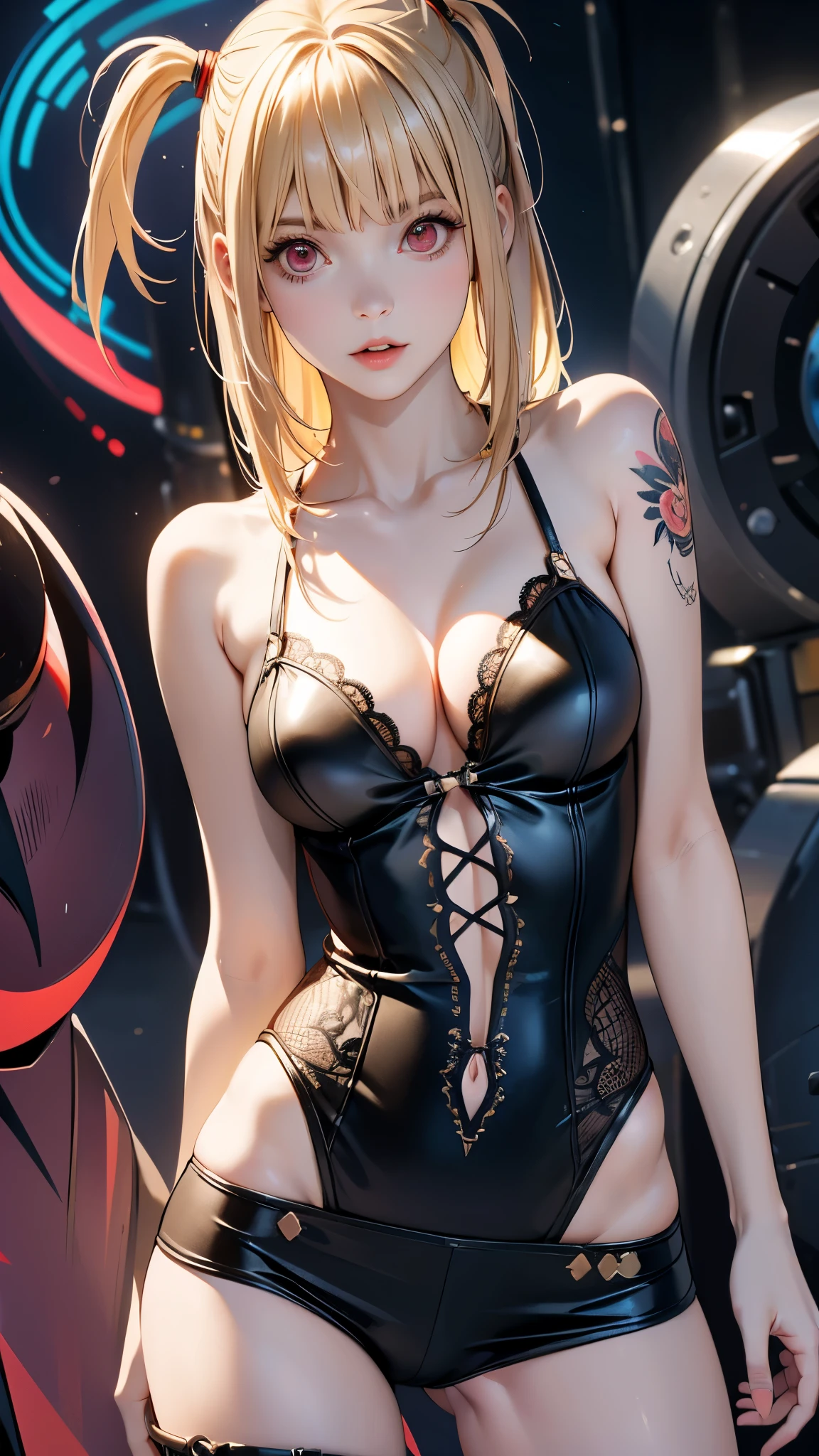 (best quality,highres:1.2),ultra-detailed,realistic,photorealistic:1.37,a beautiful girl (Misa Amane - Death Note) Anime Design) model in a fantasy style,1,long legs,medium breasts,extremely detailed face (with emphasis on red eyes). more than half of her body is naked. The clothes emphasize her sexuality,bent down, lifting her ass to the top,there is an artfully executed tattoo on the right thigh of her leg, the girl stands in this angle (showing everyone her tattoo),illustration,colorful pop art style,dynamic lighting,neon colors.Nsfw