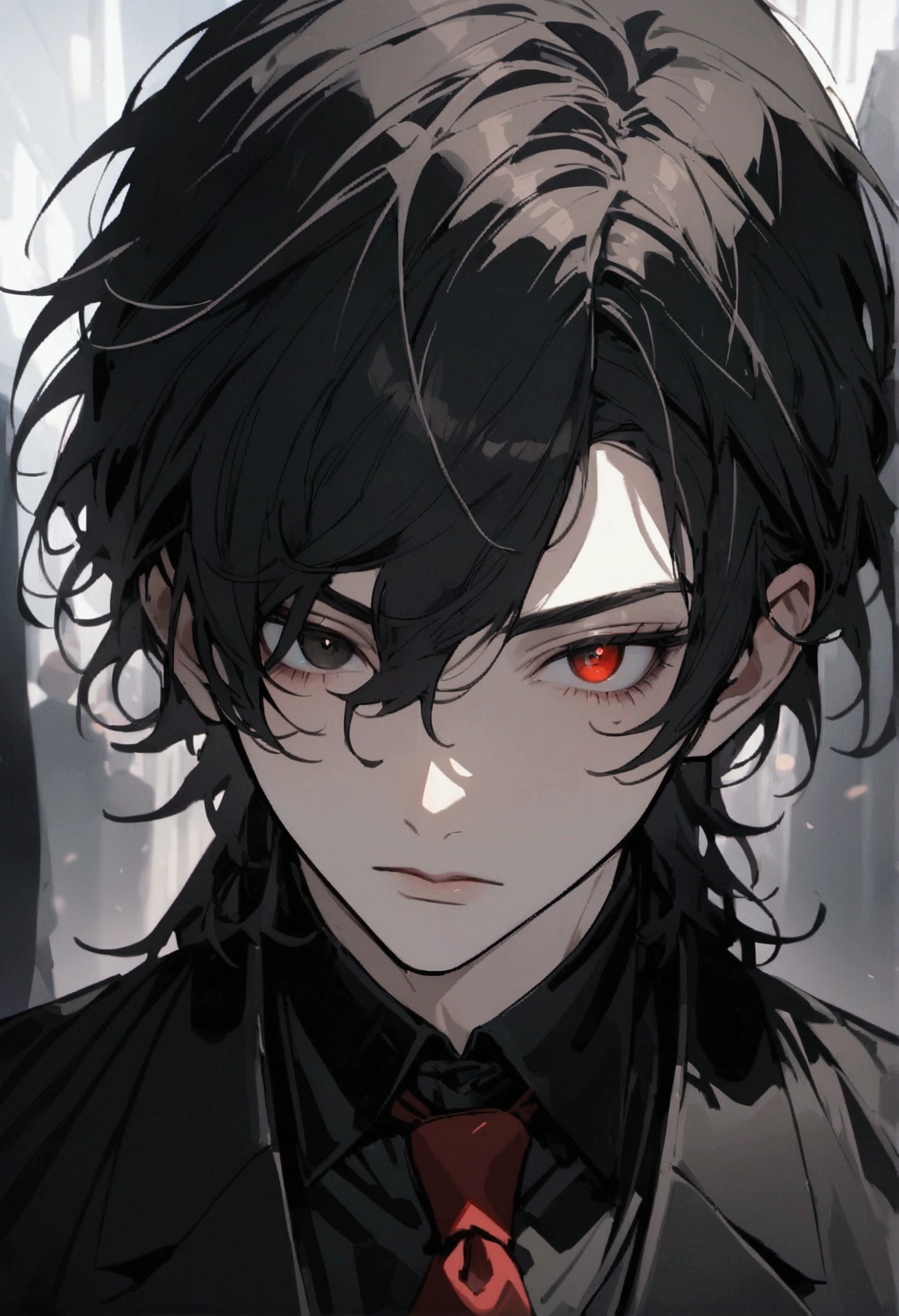 Make a male character with a red left eye and a black pupil, dressed in a black suit 