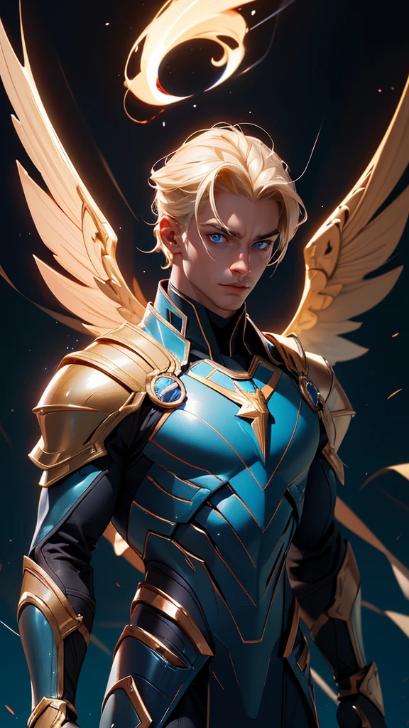 envision a 8k, highres, cinematic full body design sheet of a man with a slender muscular body, no facial hair with sleek blonde hair, and blue eyes wearing golden armor and tight dark blue super suit, winged accessories, lightning effects against a dark gray background