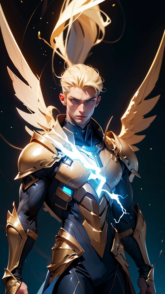 envision a 8k, highres, cinematic full body design sheet of a man with a slender muscular body, no facial hair with sleek blonde hair, and blue eyes wearing golden armor and tight dark blue super suit, winged accessories, lightning effects against a dark gray background