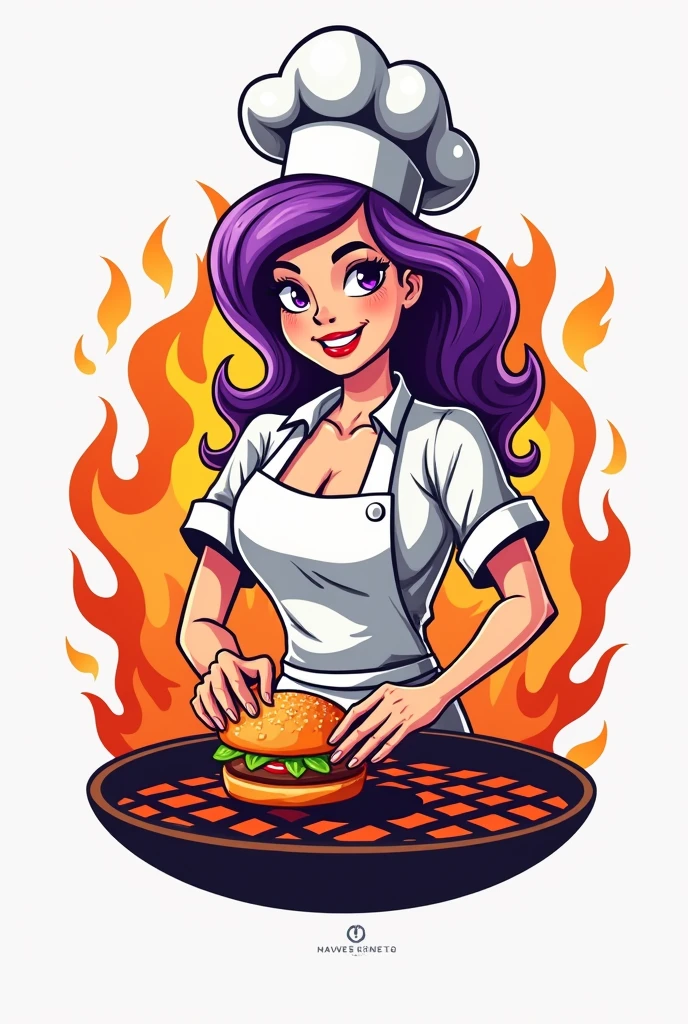 Could you please create a logo for a fast food restaurant like homemade hamburgers with a white female chef with purple hair with a grill with this name El Volcán de Sabores 