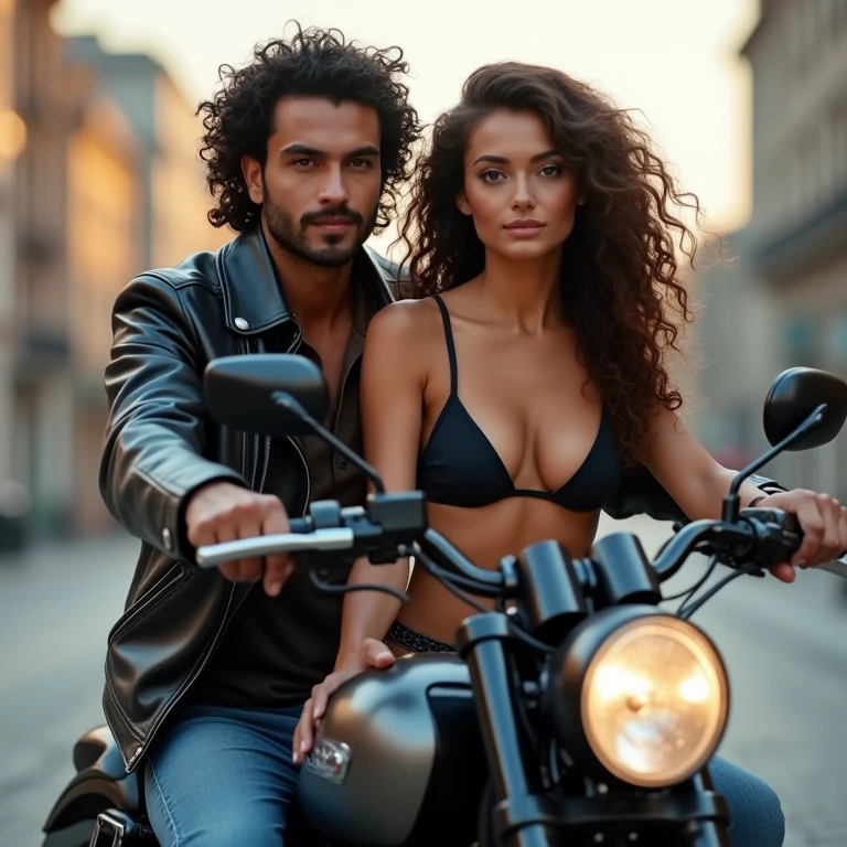 realistic photo of a handsome man carrin in his moto a (pretty girl, 20 years old, brunette, black eyes) wearing a stunning bikini at fashion photo studio, (full lips) , ((perfect face)), [[mild smile]], proportionate body,mixed herritage, beautyfull, beautyfull face, tanned skin, two arms, two legs, five fingers by hand, full body, (curly black long hair), handsome man and brunette girl at moto, the man is driving and the girl is a back seat, street. leather biker outfit, man with jacket and jeans, girl with top and leather pants. urban landscape, city, Full bodies, photo from side.
