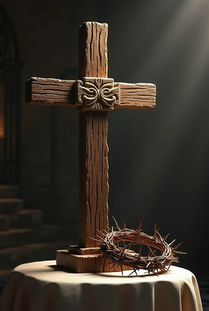 A cross with a crown of thorns next to it