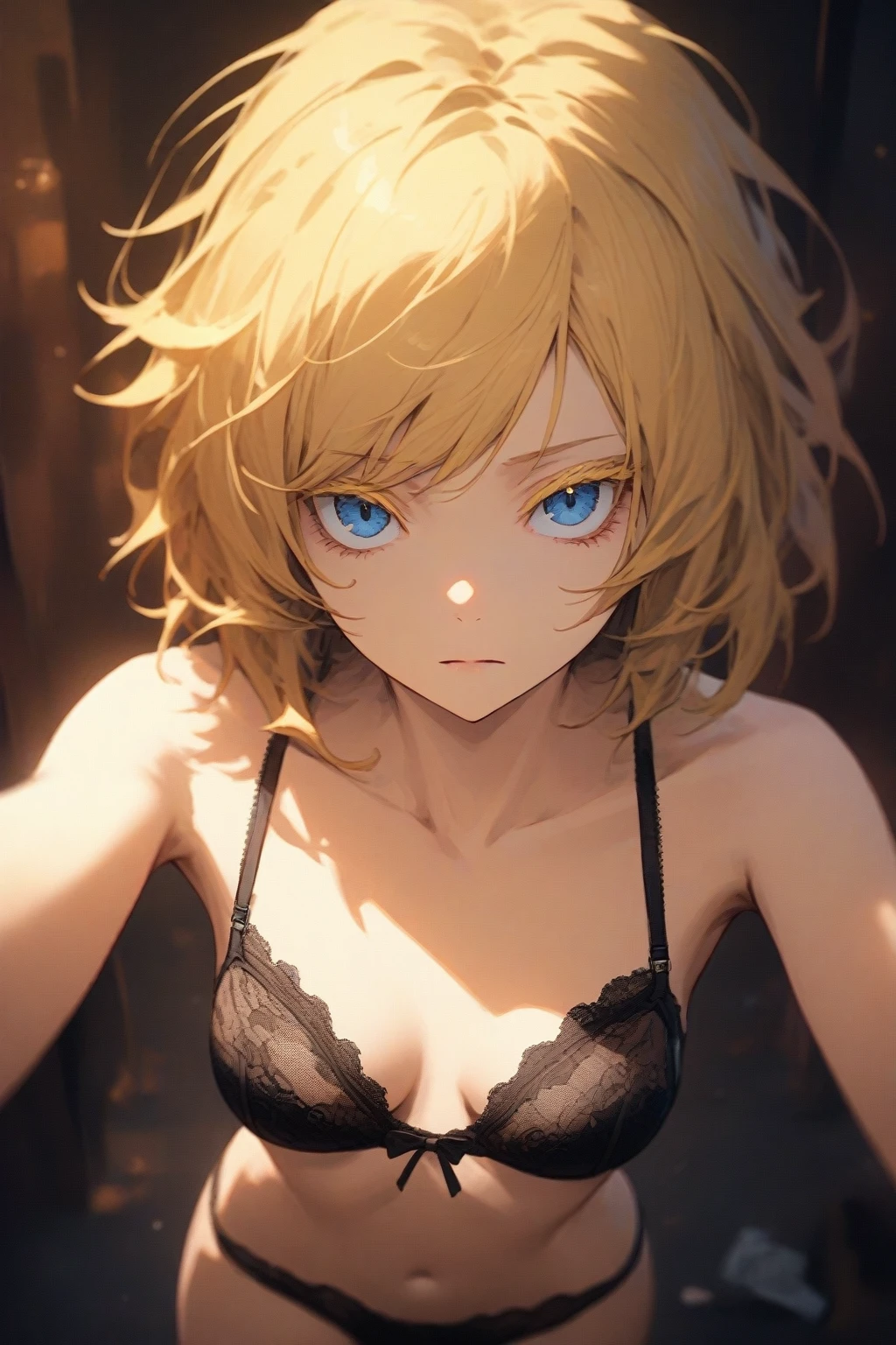 masterpiece, best quality, very aesthetic, absurdres,1girl,underwear only,(hyper detailed eyes),blonde hair,short hair,[disheveled hair],colored eyelashes,blonde eyelashes,blue eyes,(sharp eyes),(slanted eyes),choppy bangs,medium breasts,clear face,expressionless,lace-trimmed_bra,lace-trimmed_panty,slut,prostitute,prostitution,(brothel),