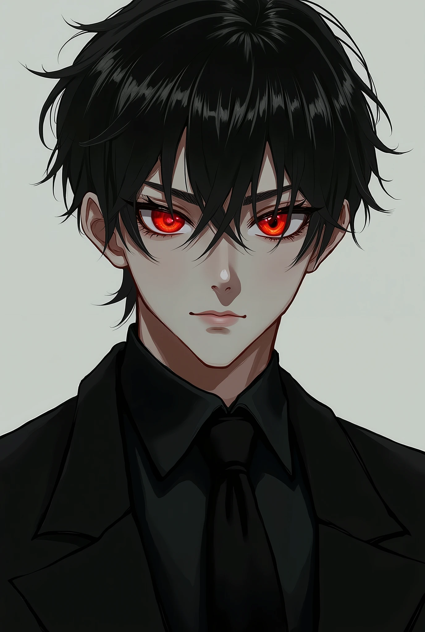 Make a male character with a red left eye and a black pupil, dressed in a black suit