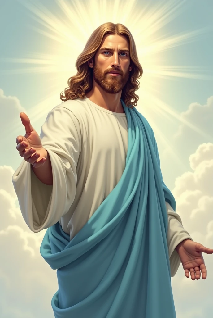 Image of Jesus Arapeddik wearing white and light blue cloak, com rosto sereno, confident and heavenly, looking directly at the viewer, with his arm extended, calling whoever sees the image to follow in his footsteps and follow him, indirect light, Jesus Cristo background em cor clara e neutra (work of art), best qualityer, ultra detali, illustration, soft lighting, shiny colors, Peace,
