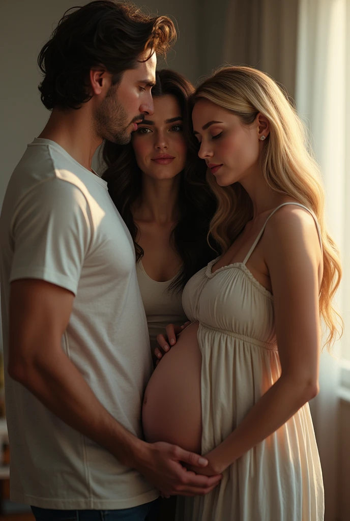 Realistic image blonde pregnant woman next to her husband, and in the middle a dark-haired woman