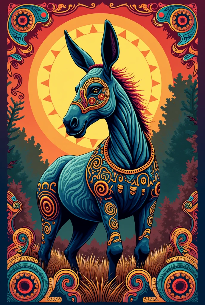 Create a psychedelic beer label for 'Mula Terca,' a Colombian craft beer. Use warm, earthy tones and ancestral Colombian symbols like Zenú and Tairona patterns, with a stylized mule as the focus. The design should convey connection, unity, and cultural heritage, blending the psychedelic style with a more grounded, natural color palette