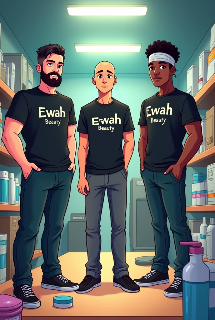 Create a group of male friends. A strong bearded man, dark-haired with slanted eyes; a bass, thin and half bald, and a tall dark-haired man with a bandana on his head and afro hair. All of them standing in a cosmetics warehouse, on a conference table with some products on top and some computers nearby. All of them with a black t-shirt and the name "Ewah Beauty". The white name on a black t-shirt. Do this in animation, drawning
