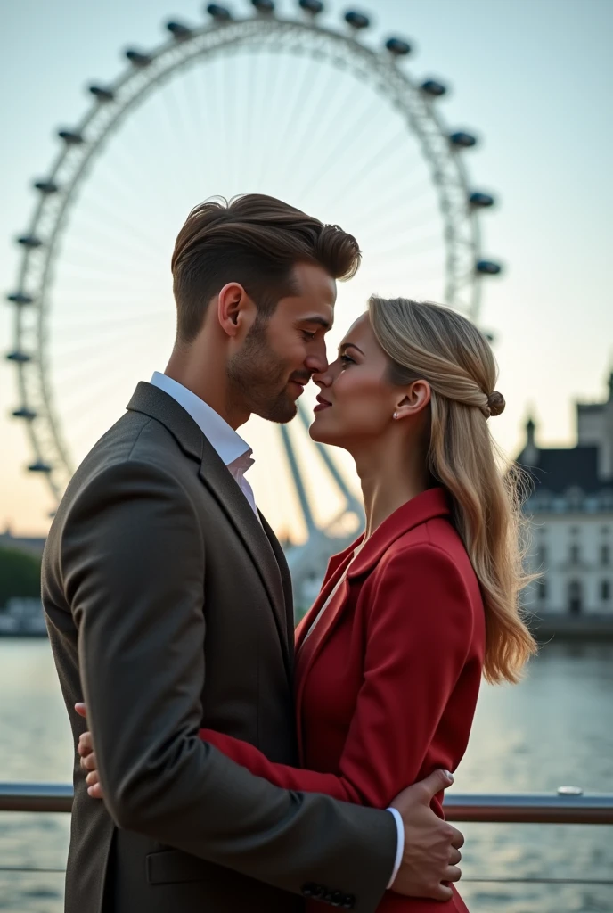 A couple hugging in front of the London Eye,  taking a profile selfie man brown hair and eyes, with old money style haircut, blonde woman with green eyes 8k ultra realistic photorealistic 