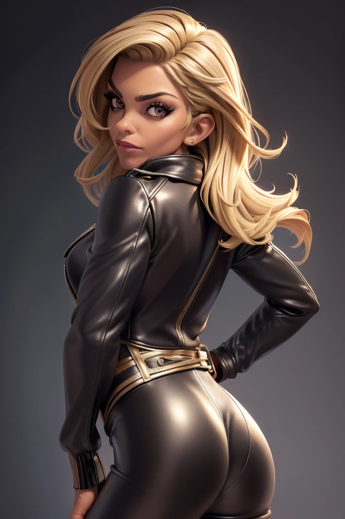 obra prima, melhor qualidade, ((only one woman,)) ((jillian michaels, 55 years, dark tan skin, blonde bob hair, heavy vamp makeup eye shadow,)) (((wearing thigh length black metallic leather jacket,))) (((jacket is zipped up, jacket covers waist and ass,))) ((jacket has stiff high collar,)) ((gold pvc gloves,)) body is very skinny, standing up, (((arched back, shoulders leaning way back, hips twisting, head tilted way back, chin up,))) ((camera side view, extreme closeup view of upper body,)) shallow depth of field, highres, HD, 8k, anatomically correct