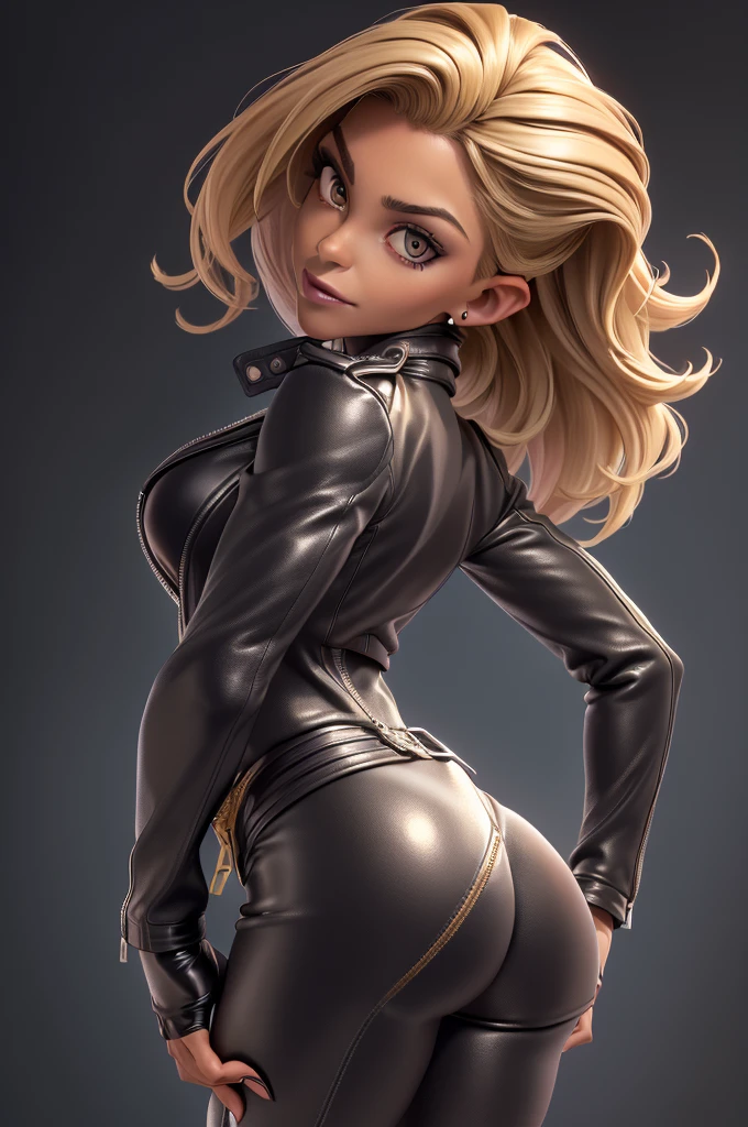 obra prima, melhor qualidade, ((only one woman,)) ((jillian michaels, 55 years, dark tan skin, blonde bob hair, heavy vamp makeup eye shadow,)) (((wearing thigh length black metallic leather jacket,))) (((jacket is zipped up, jacket covers waist and ass,))) ((jacket has stiff high collar,)) ((gold pvc gloves,)) body is very skinny, standing up, (((arched back, shoulders leaning way back, hips twisting, head tilted way back, chin up,))) ((camera side view, extreme closeup view of upper body,)) shallow depth of field, highres, HD, 8k, anatomically correct