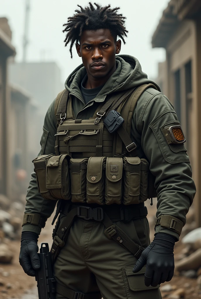 A soldier man, black skin, Bblack hair, eyes browns, soldier clothing, facing.