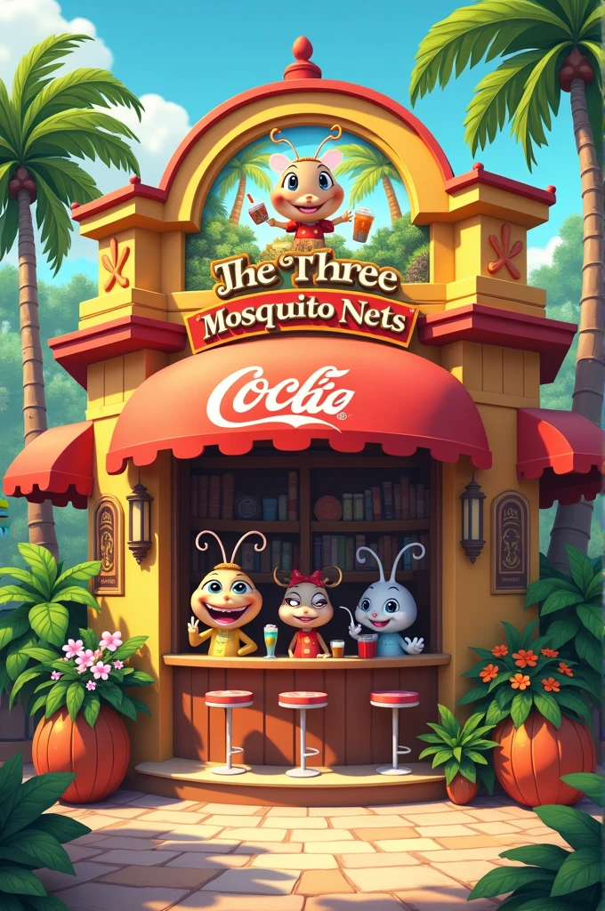 create a Disney themed cafe cover with the name the three mosquito nets selling coke and mixed drinks 